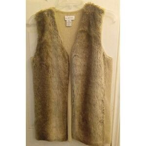 Liz Claiborne Faux‎ Fur Vest Sweater Knit Trim Sleeveless Tan M